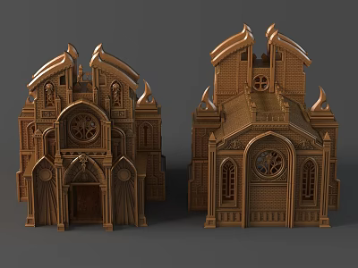 Elaborate Golden Architectural Sculptures With Intricate Gothic Carvings And Detailed Patterns 3d model