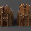 Elaborate Golden Architectural Sculptures With Intricate Gothic Carvings And Detailed Patterns