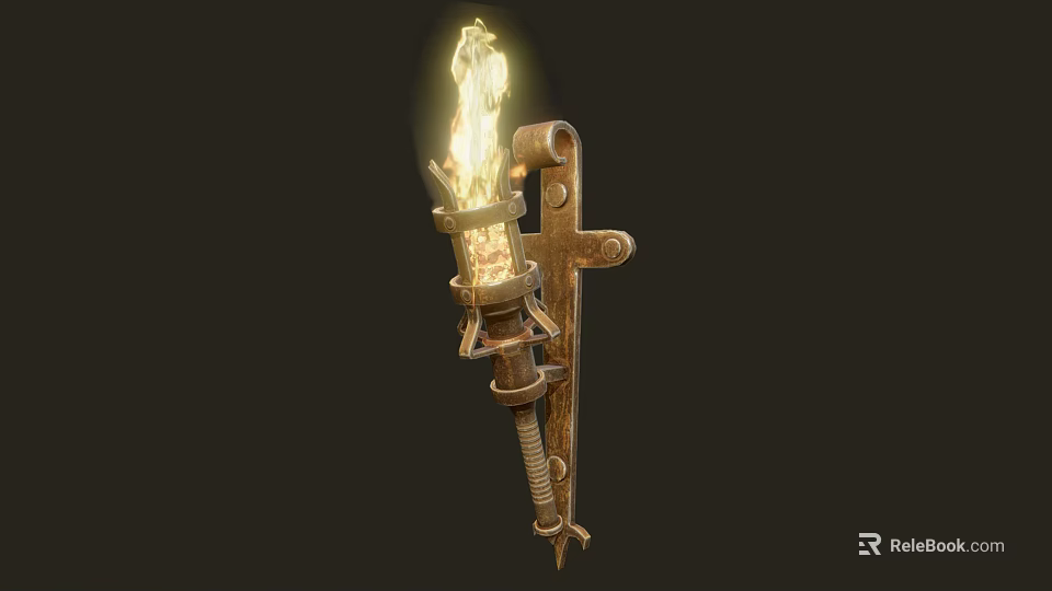Sports Equipment Metal Torch With Flaming Fire And Decorative Bracket Structure 3d model 
