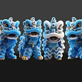 Four Blue Lion Dance Figurines With White Patterns And Decorative Details