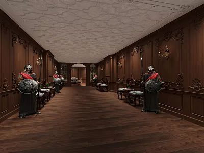Opulent Corridor With Wooden Paneled Walls Carved Ceiling Armor Statues And Chairs 3d model