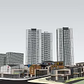 Vibrant Commercial Street With High Rise Towers And Low Rise Shops Featuring Mixed Styles