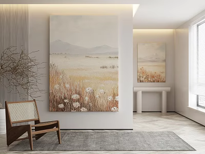 Modern Interior With Large Landscape Painting Wooden Chair Decorative Branch And Gray Rug 3d model