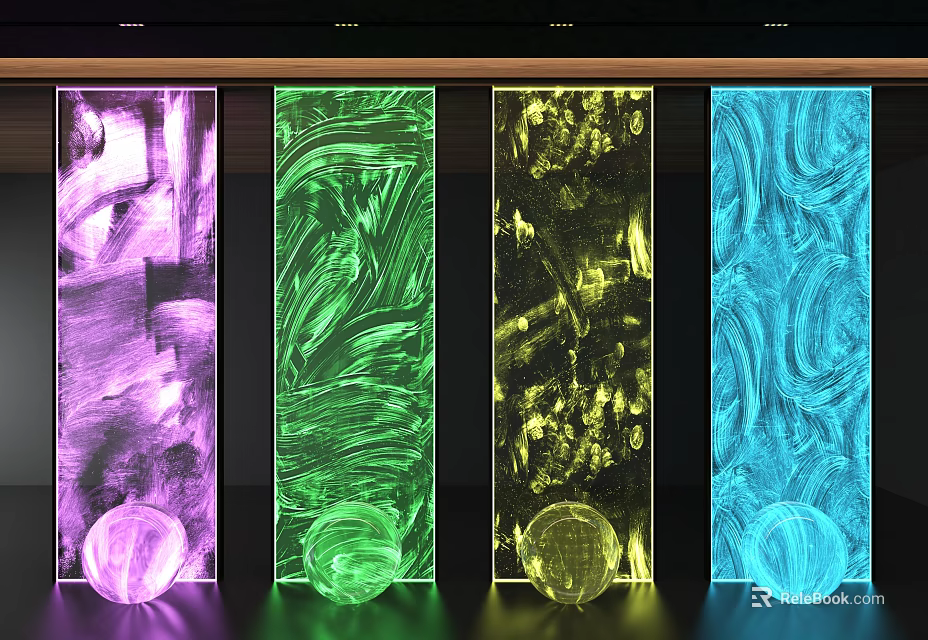Modern Decorative Illuminated Screens With Colorful Swirled Patterns And Glowing Spheres 3d model 