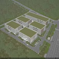 Modern Industrial Factory Complex with Green Roofs and Lush Forest Surroundings