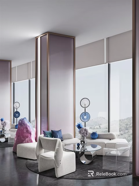 Elegant Hotel Public Lounge With Plush Sofas Large Windows And Mirrored Decorative Walls 3d model