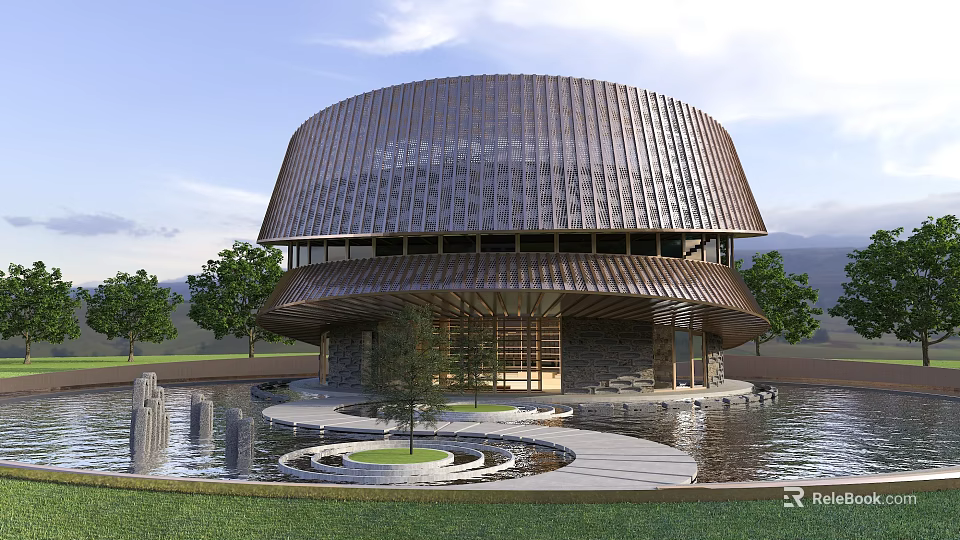 Modern Library Building with Copper Curved Roof Water Pool Fountains Green Lawn and Trees 3d model 