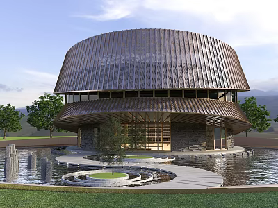 Modern Library Building with Copper Curved Roof Water Pool Fountains Green Lawn and Trees 3d model
