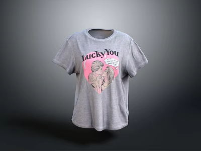 Gray T-shirt Featuring Lucky You Text and Pink Chicken Graphic for Casual Wear 3d model