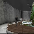Amusement Park Waterfall Attraction with Wooden Viewing Deck Person Information Board and Light Rays