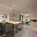Modern Living Dining Room Interior With Green Sofa Coffee Table Chandelier Decorative Paintings And Rugs