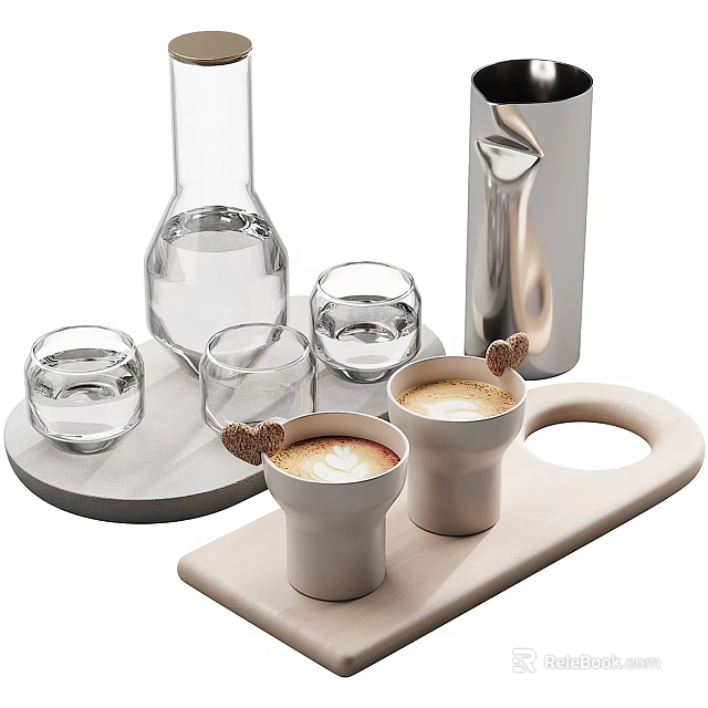 White Coffee Cups with Latte Art on Beige Tray Glass Tumblers Carafe and Silver Container 3d model 