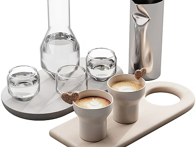 White Coffee Cups with Latte Art on Beige Tray Glass Tumblers Carafe and Silver Container 3d model
