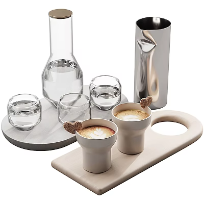 White Coffee Cups with Latte Art on Beige Tray Glass Tumblers Carafe and Silver Container 3d model