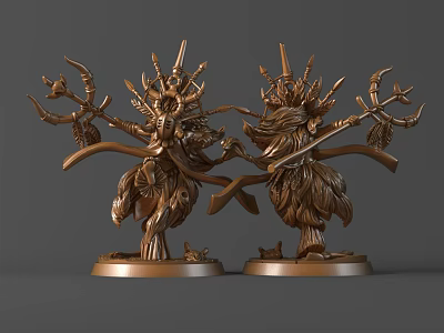 Two Bronze Mythical Creature Sculptures With Intricate Horns Wings And Circular Bases 3d model