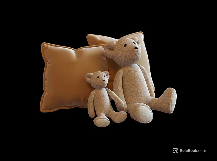 Cute Big And Small Teddy Bear Dolls With Brown Pillows On Black Background 3d model 