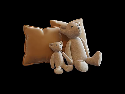Cute Big And Small Teddy Bear Dolls With Brown Pillows On Black Background 3d model