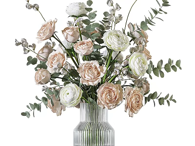 Beautiful Glass Vase with Pink and White Roses and Eucalyptus Leaves for Home Decor 3d model