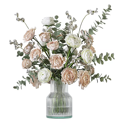 Beautiful Glass Vase with Pink and White Roses and Eucalyptus Leaves for Home Decor 3d model