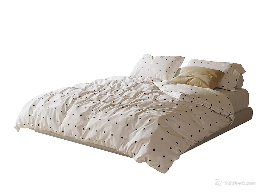 Kids Bed with Beige Polka Dot Bedding and Soft Pillows Simple Design 3d model 