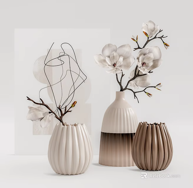 Modern Minimalist Ribbed Ceramic Vases with White Magnolia Blooms and Neutral Tones 3d model 
