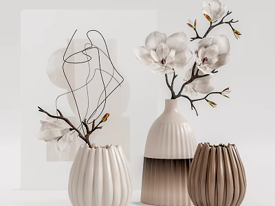 Modern Minimalist Ribbed Ceramic Vases with White Magnolia Blooms and Neutral Tones 3d model