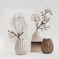 Modern Minimalist Ribbed Ceramic Vases with White Magnolia Blooms and Neutral Tones