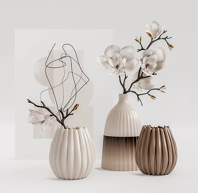 Modern Minimalist Ribbed Ceramic Vases with White Magnolia Blooms and Neutral Tones 3d model