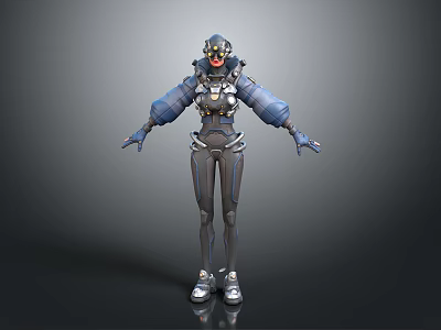 Futuristic Sci Fi Character With Blue Helmet Mechanical Armor And Silver Boots 3d model