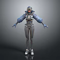 Futuristic Sci Fi Character With Blue Helmet Mechanical Armor And Silver Boots