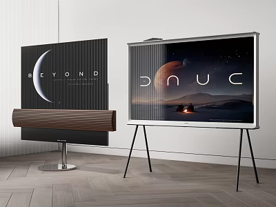 Two Modern Televisions On Stands With Soundbar And Scenic Screens In Wooden Room 3d model