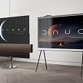 Two Modern Televisions On Stands With Soundbar And Scenic Screens In Wooden Room