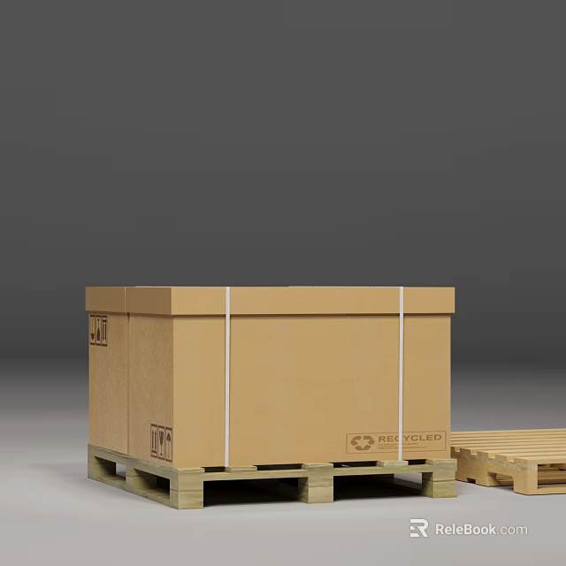 Cardboard Box on Wooden Pallet with Recycled Label and Another Pallet 3d model 
