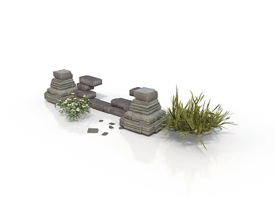 Modern Outdoor Garden With Stone Structures And Lush Green Plants 3d model
