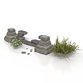 Modern Outdoor Garden With Stone Structures And Lush Green Plants