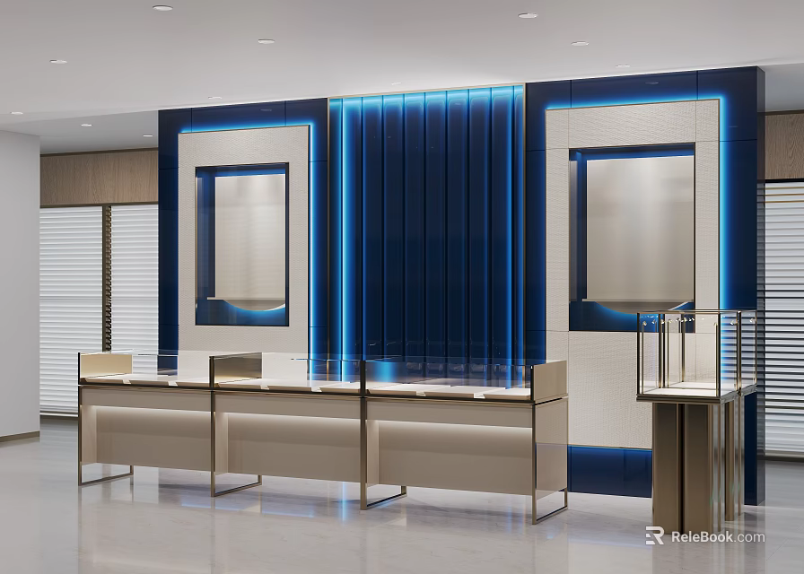 Modern Shopping Mall Specialty Counter With Glass Display Counters And Blue Accent Lighting 3d model 