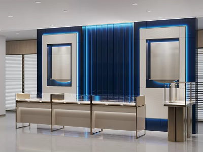 Modern Shopping Mall Specialty Counter With Glass Display Counters And Blue Accent Lighting 3d model