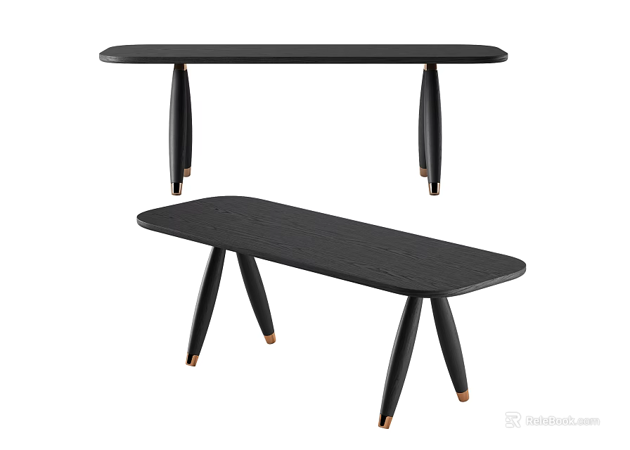 Minimalist Modern Black Dining Table With Tapered Legs And Copper Accents 3d model 