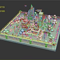 Cartoon 3D Model Scene with Square Layout Fence Small Buildings and Trees