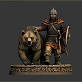 Helmeted Armored Man With Red Cape Riding Brown Bear On Ornate Base Statue