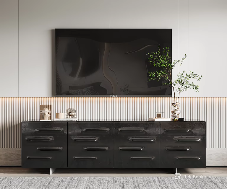 Black TV Stand with Multiple Drawers and Green Plant Vase Against Striped Wall 3d model 