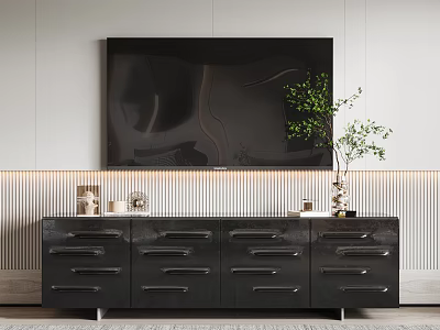 Black TV Stand with Multiple Drawers and Green Plant Vase Against Striped Wall 3d model
