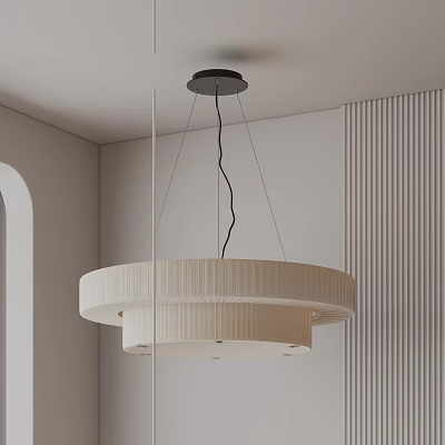 Modern Minimalist Chandelier With Textured Beige Shade In Indoor Space With Wall Paneling 3d model
