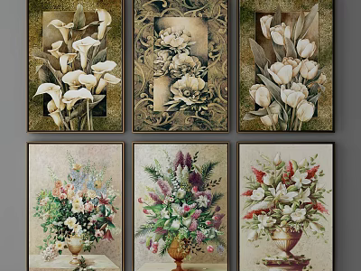 Vintage Style Botanical Paintings With Various Flowers In Vases For Wall Decor 3d model