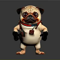 Pug 3D Model With Anthropomorphic Design Red Collar Harness And Black Gloves On Paws