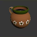 Decorative Handled Orange Clay Pot With Green Rim And White Flowers