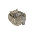 Patterned Accent Lounge Chair With Striped Pillow Throw Blanket And Gold Swivel Base