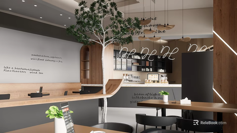 Cozy Cafe Interior With Indoor Tree Hanging Pendant Lights Wooden Tables And Bar Counter 3d model 