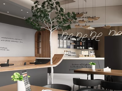 Cozy Cafe Interior With Indoor Tree Hanging Pendant Lights Wooden Tables And Bar Counter 3d model
