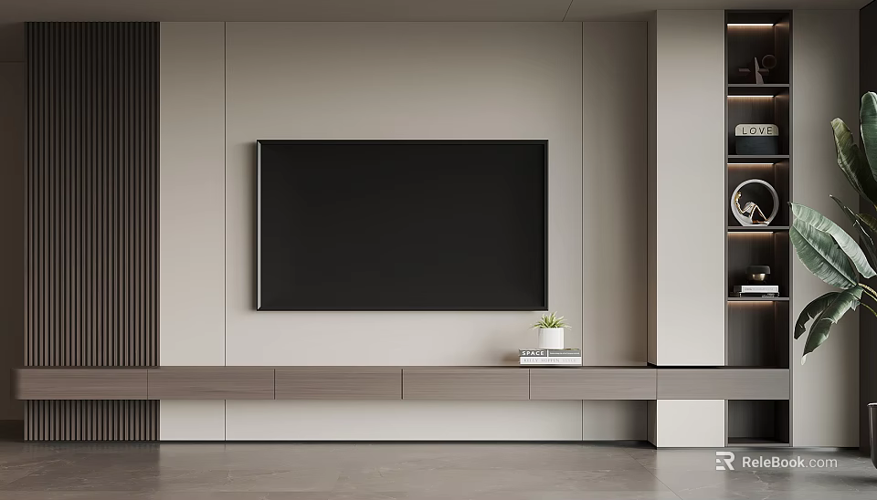 Minimalist Living Room TV Wall Design With Flat Screen TV Wooden Stand And Decorative Shelving 3d model 